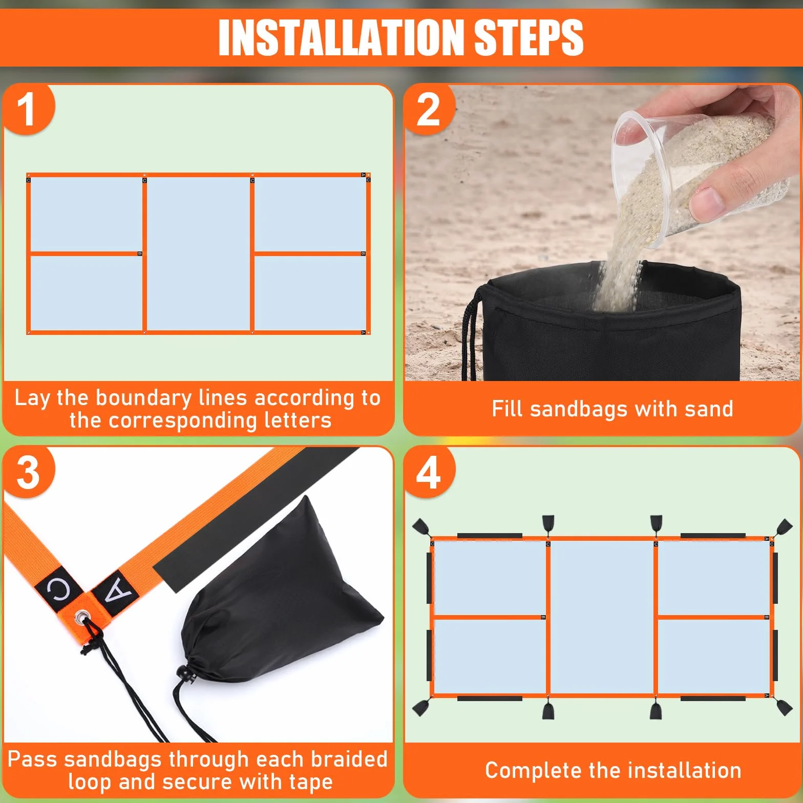 Kit de marquage de terrain de pickleball TOBWOLF, marqueurs de lignes temporaires portables avec ruban adhésif et 8 sacs de sable