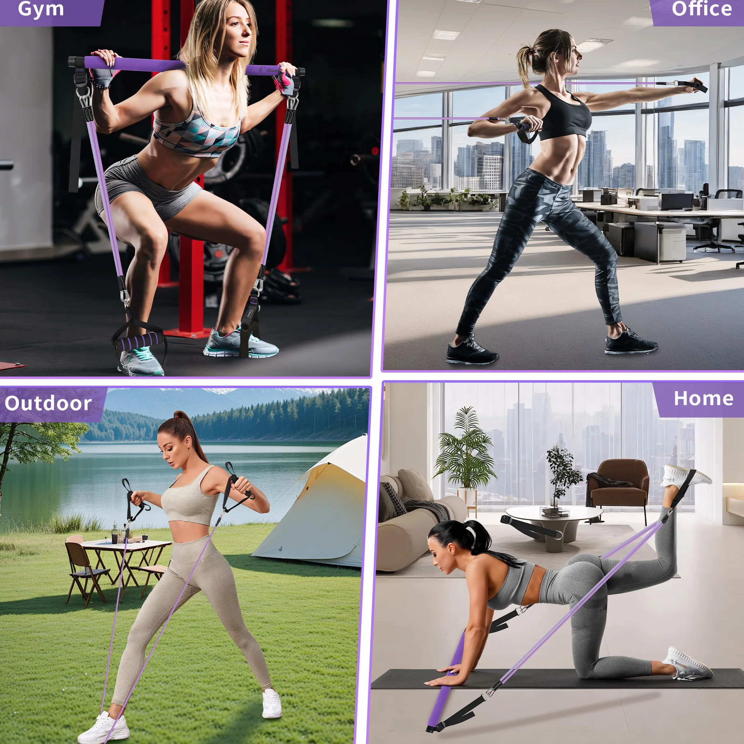 Ensemble de Barres de Pilates et Bandes de Résistance avec Poignées, Salle de Sport Portable à Domicile