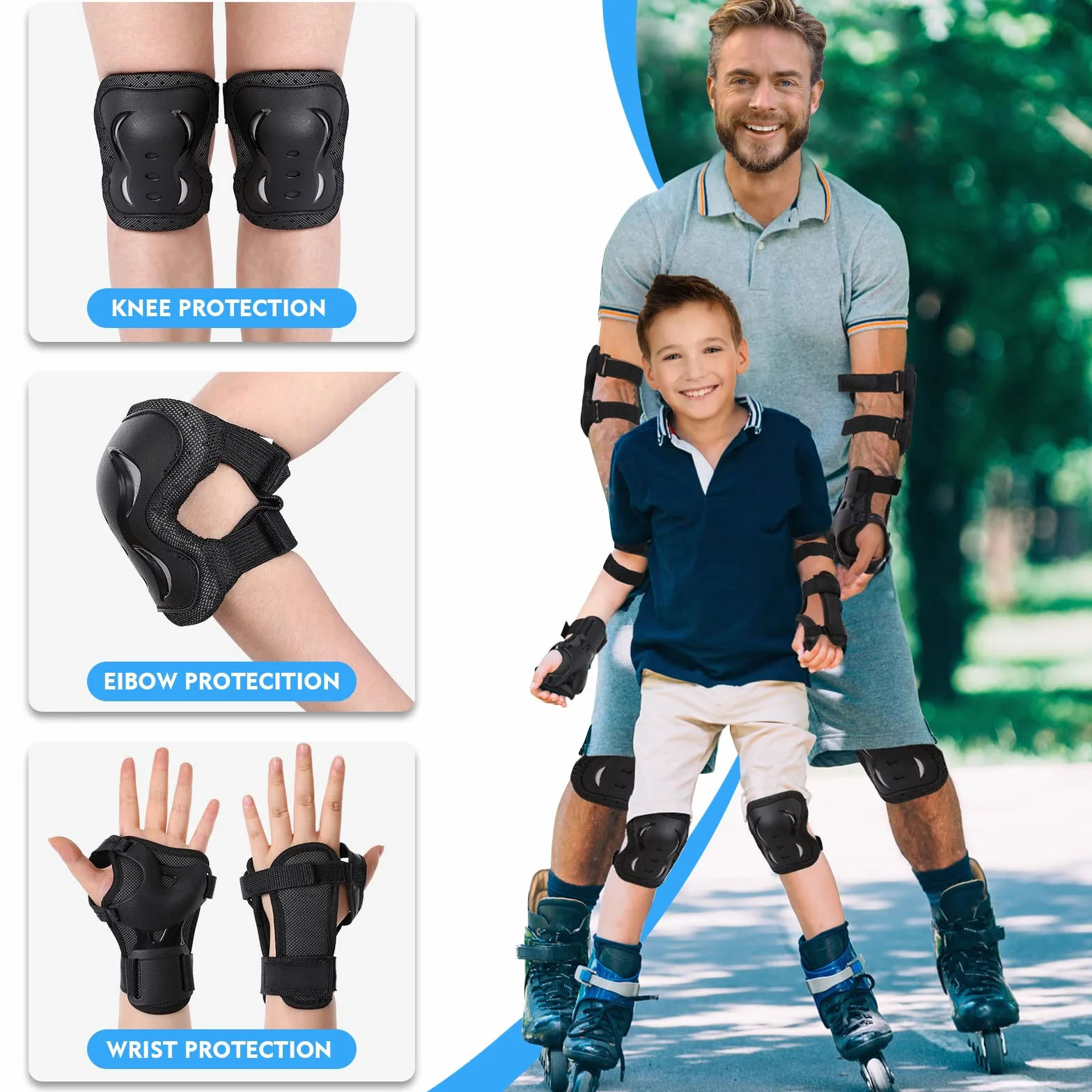 Protection Enfant Adulte Ensemble de Protection avec Genouillères, Coudières et Protèges-Poignets 6 en 1 pour Le Planche à roulettes, Scooter, Vélo, Cyclisme
