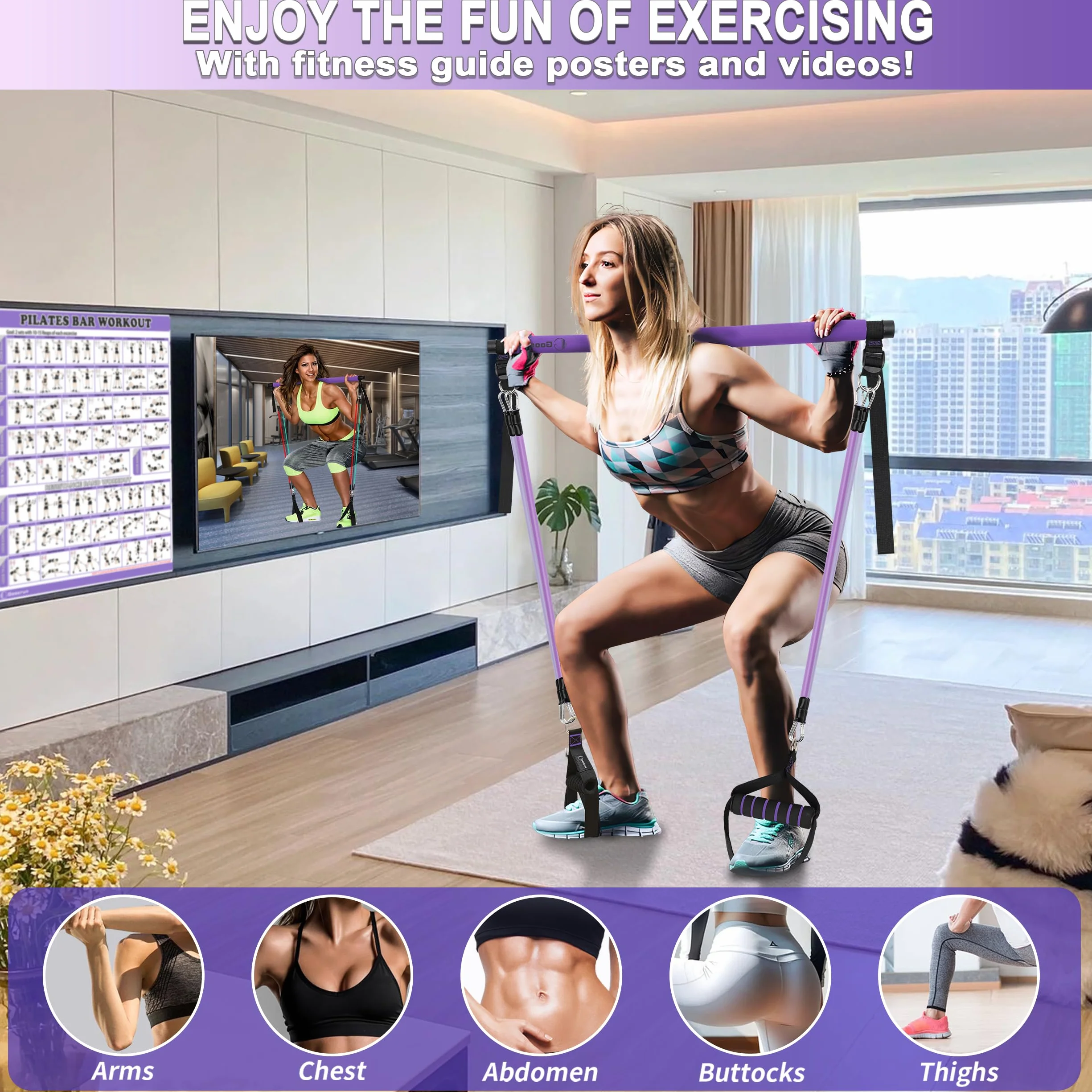 Ensemble de Barres de Pilates et Bandes de Résistance avec Poignées, Salle de Sport Portable à Domicile