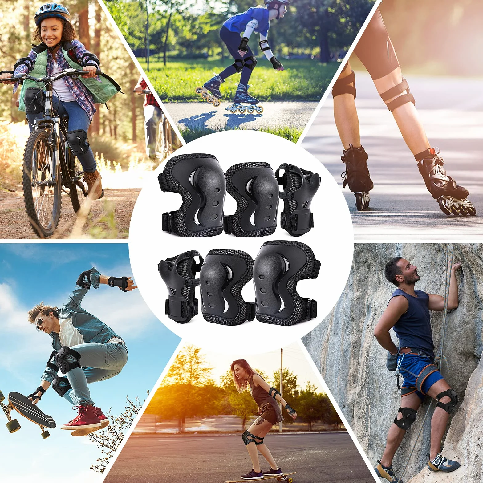 Protection Enfant Adulte Ensemble de Protection avec Genouillères, Coudières et Protèges-Poignets 6 en 1 pour Le Planche à roulettes, Scooter, Vélo, Cyclisme