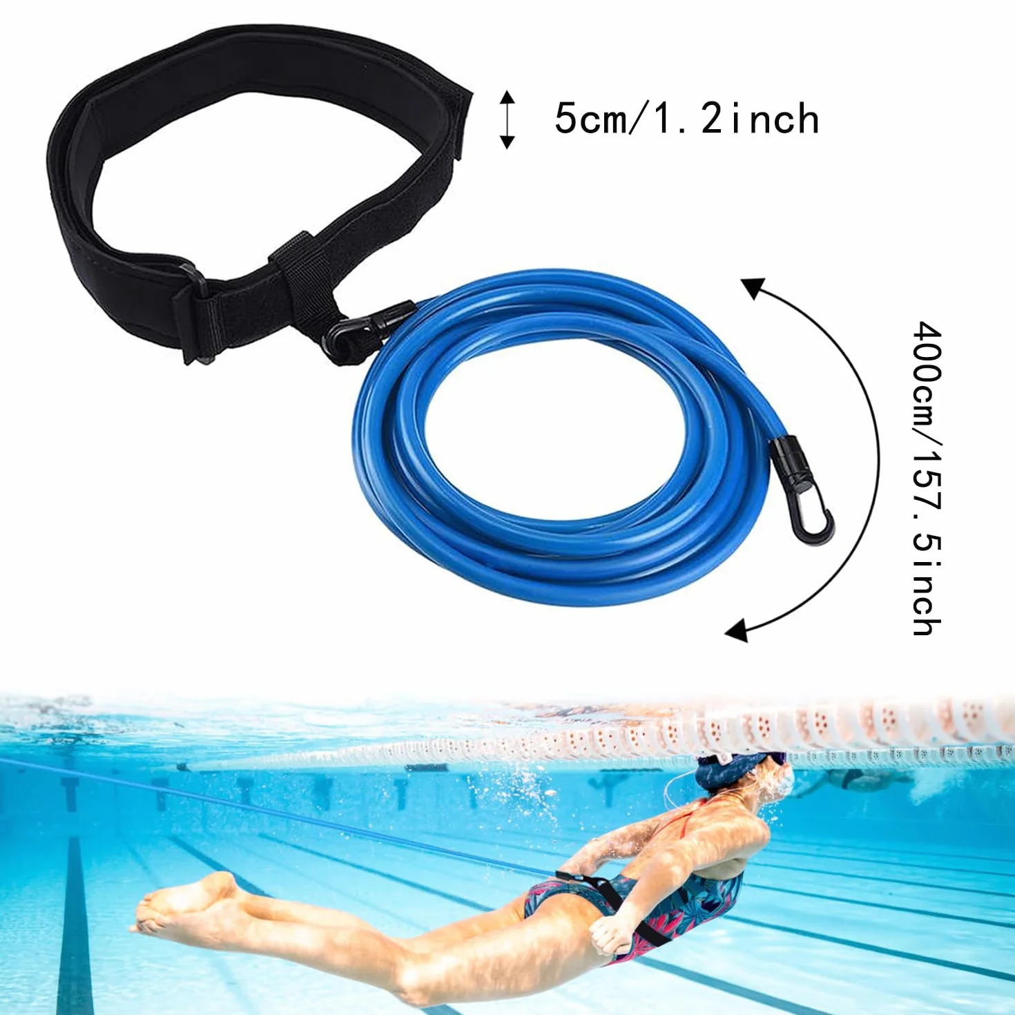 Elastique de Nage 4m avec Lunettes, Ceinture de Natation Réglable