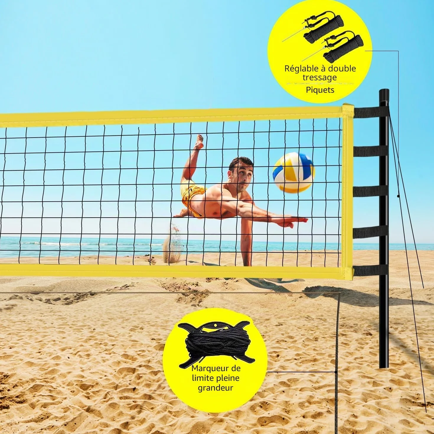 Kit de filet de volleyball professionnel réglable 9,5 m, poteaux en acier, marquage terrain, volley-ball, sac de transport pour plage jardin