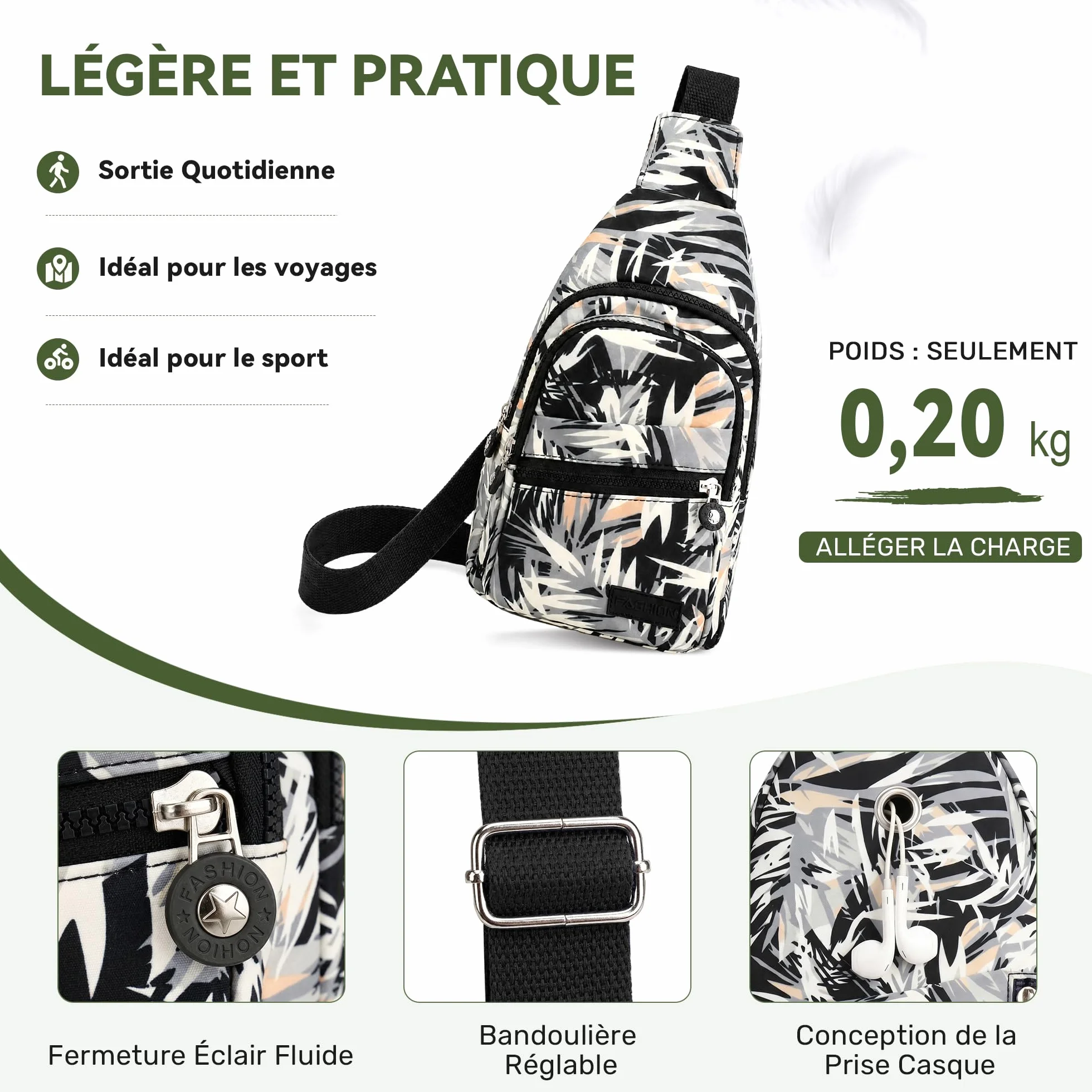 Sac de Poitrine Femme Imperméable Polyester Sling Bag Léger Crossbody pour Voyage Randonnée