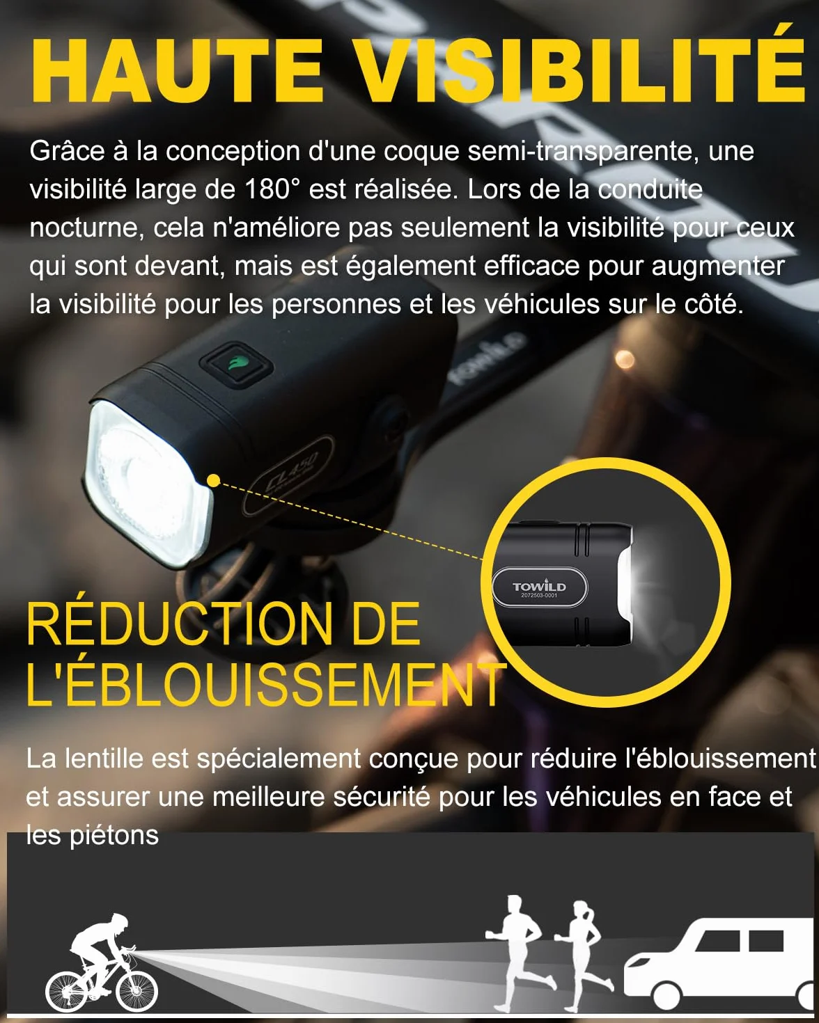 TOWILD CL450 Lampe Avant de Vélo, 450 Lumens Étanche IPX6 Éclairage Vélo USB-C 5 Modes Phares de Cyclisme, Lampe de Vélo Compacte et Légère de 95g Jusqu'à 7 Heures d'autonomie