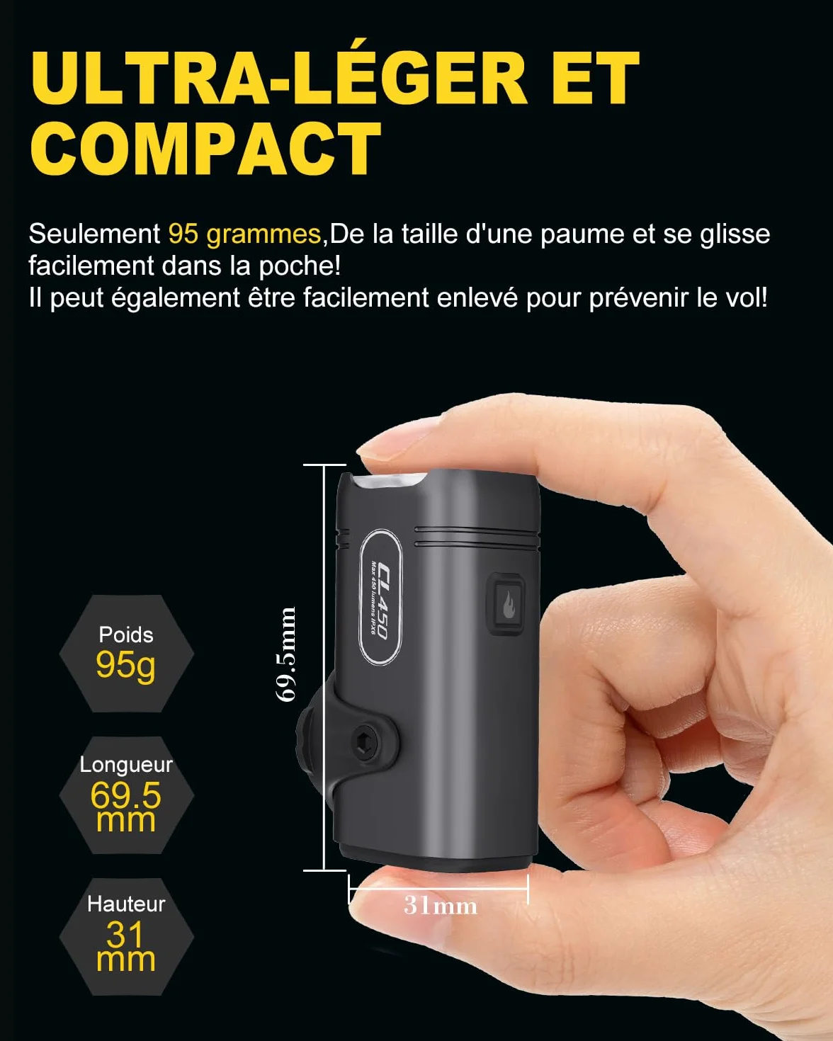 TOWILD CL450 Lampe Avant de Vélo, 450 Lumens Étanche IPX6 Éclairage Vélo USB-C 5 Modes Phares de Cyclisme, Lampe de Vélo Compacte et Légère de 95g Jusqu'à 7 Heures d'autonomie