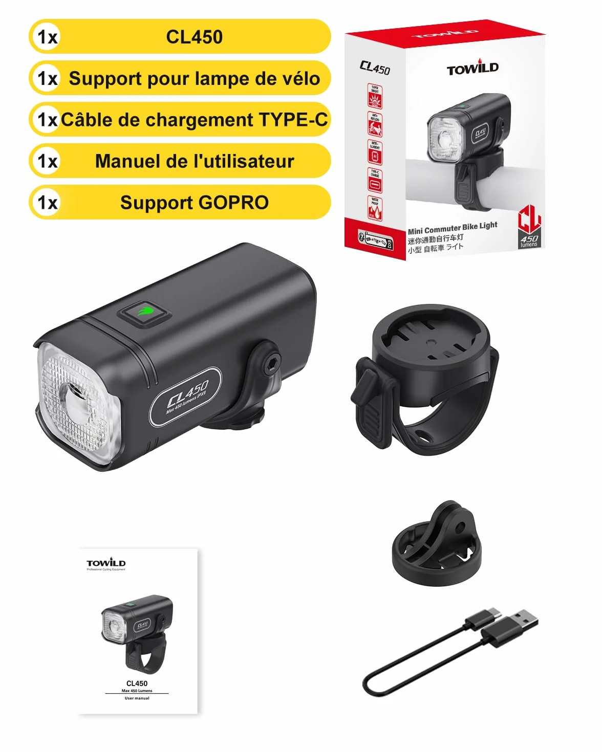 TOWILD CL450 Lampe Avant de Vélo, 450 Lumens Étanche IPX6 Éclairage Vélo USB-C 5 Modes Phares de Cyclisme, Lampe de Vélo Compacte et Légère de 95g Jusqu'à 7 Heures d'autonomie
