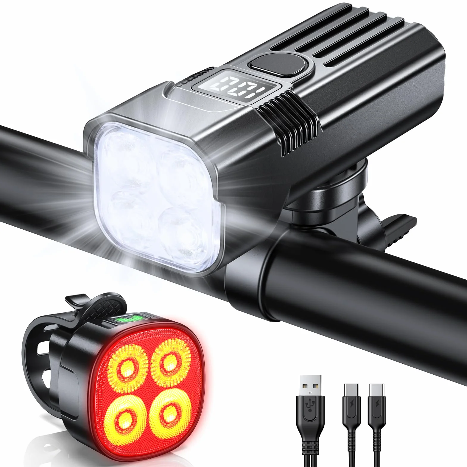 Mohard Lampe Vélo Avant et Arrière 2000LM Super Lumineux Rechargeable 3000mAh Étanche IP65